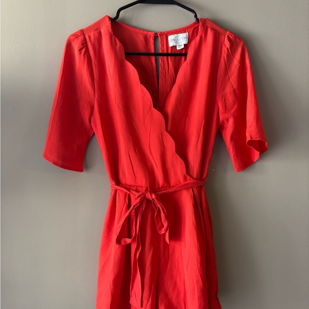 Red Scalloped V-Neck Romper